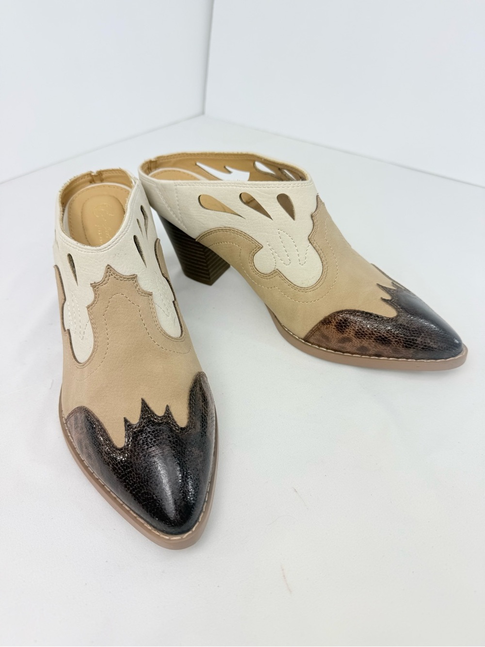 C Comfort Est. 1946 Brown Cream Faux Leather Western Style Heeled Mule Shoes